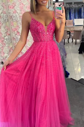 Emmalyn | Straps Neon Pink Beaded A-Line Long Formal Dress