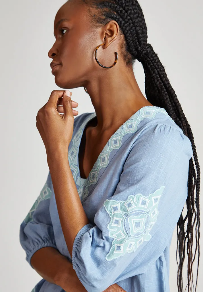 Eve V-Neck Embroidered Blouse In Blue