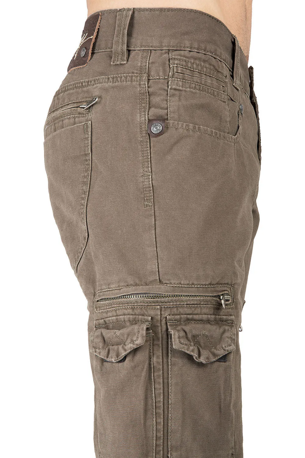 Fatigue Brown Relaxed Straight Premium Canvas Utility Jeans Cargo Zipper Pockets