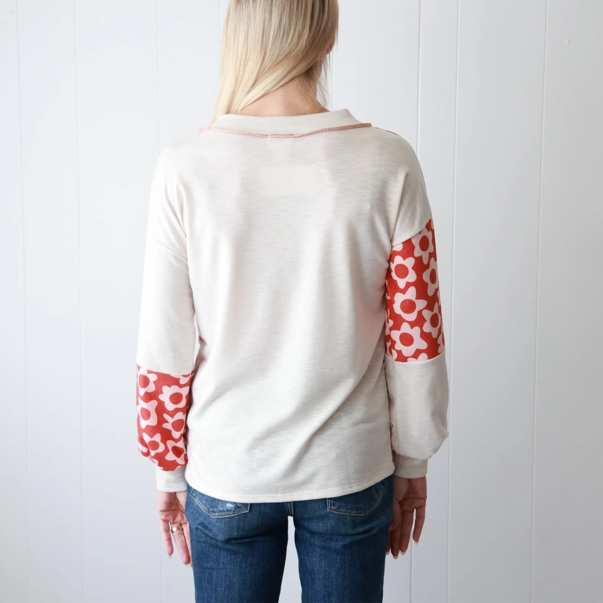 Floral Contrast Stitched V Neck Top