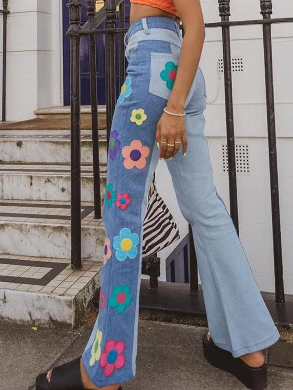 Floral Patchwork Flared Jeans