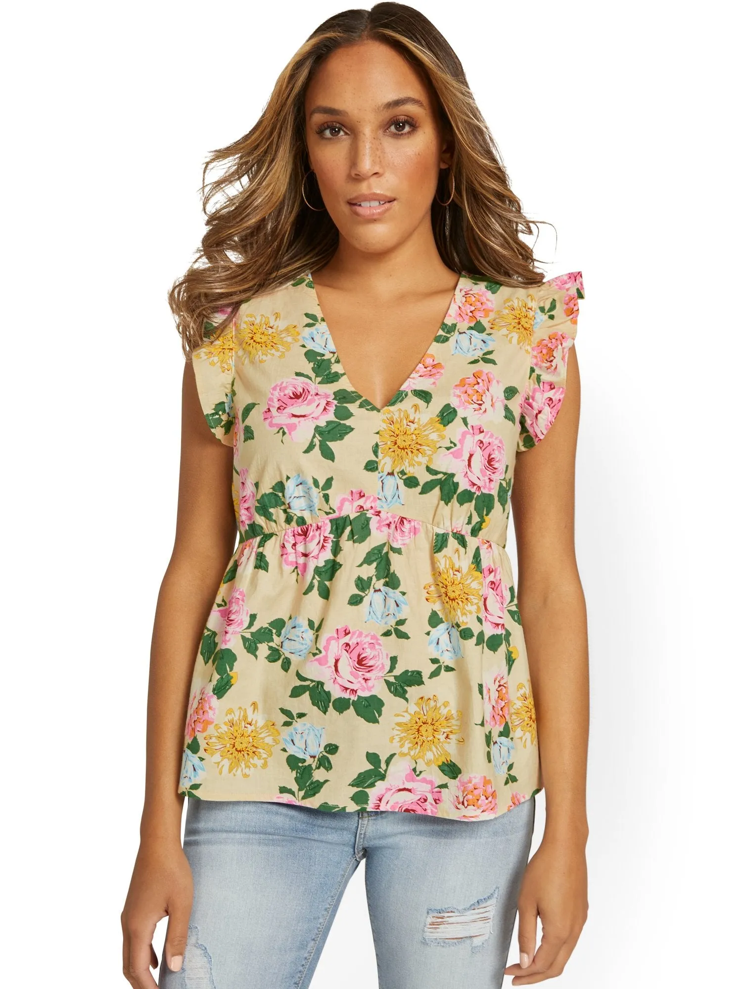 Floral-Print Flutter-Sleeve Top