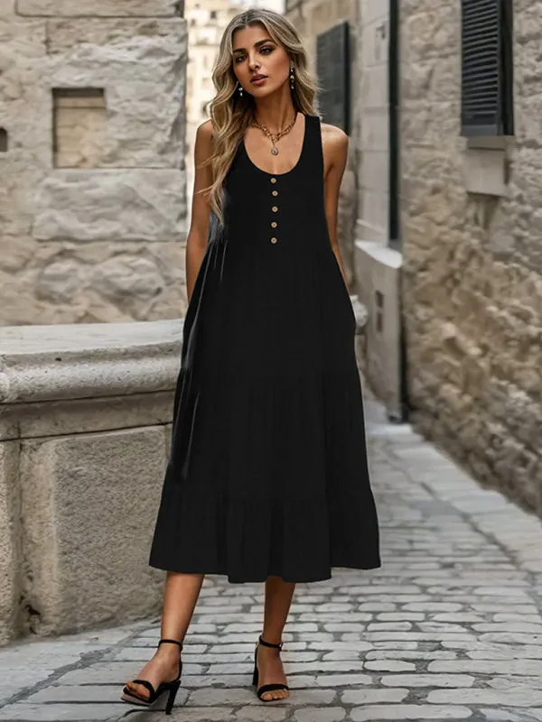 Flowy Solid A-Line Tiered Tank Midi Dress