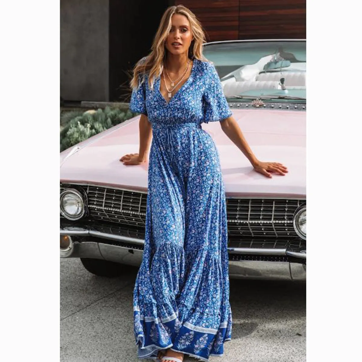 Frieda Bohemian Floral Print V Neck Waist Tie Maxi Dress