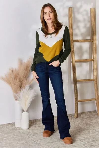 Full Size Colorblock V-Neck Blouse