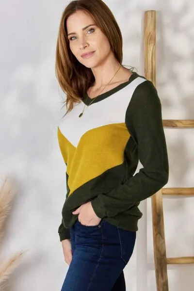 Full Size Colorblock V-Neck Blouse