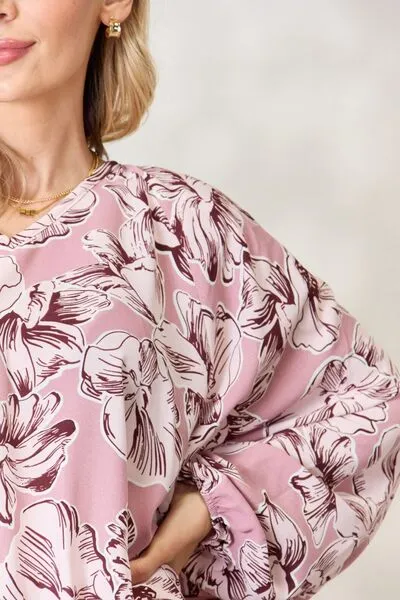 Full Size Floral V-Neck Balloon Sleeve Blouse