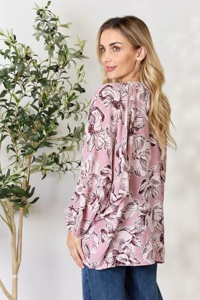 Full Size Floral V-Neck Balloon Sleeve Blouse