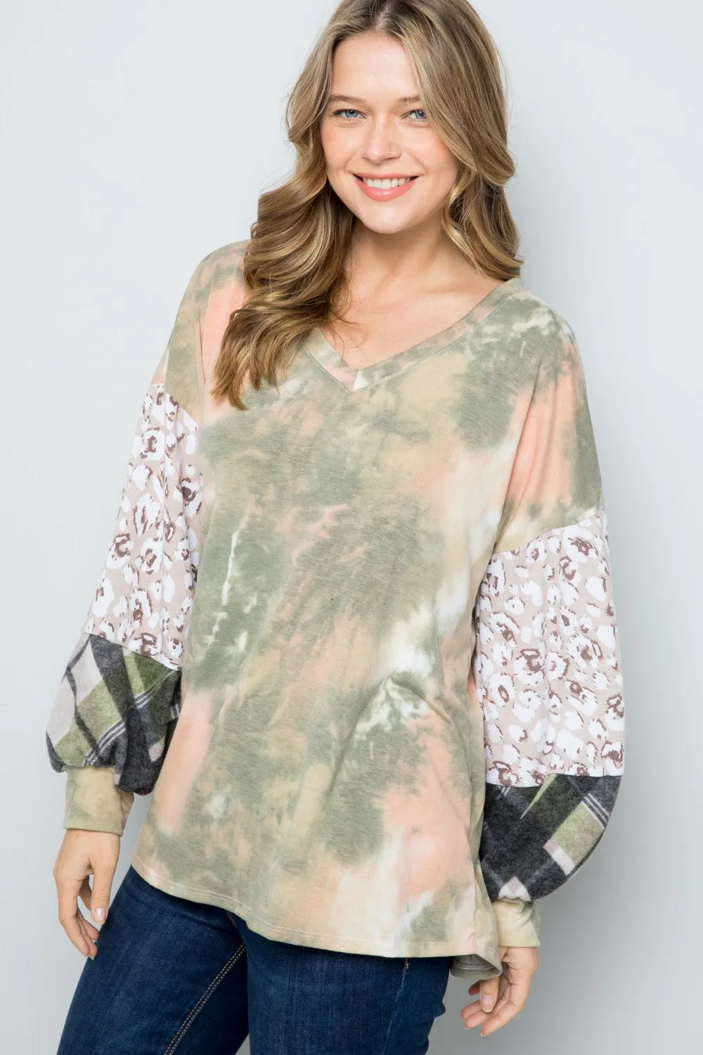 Full Size Tie-Dye V-Neck Printed Sleeve Blouse