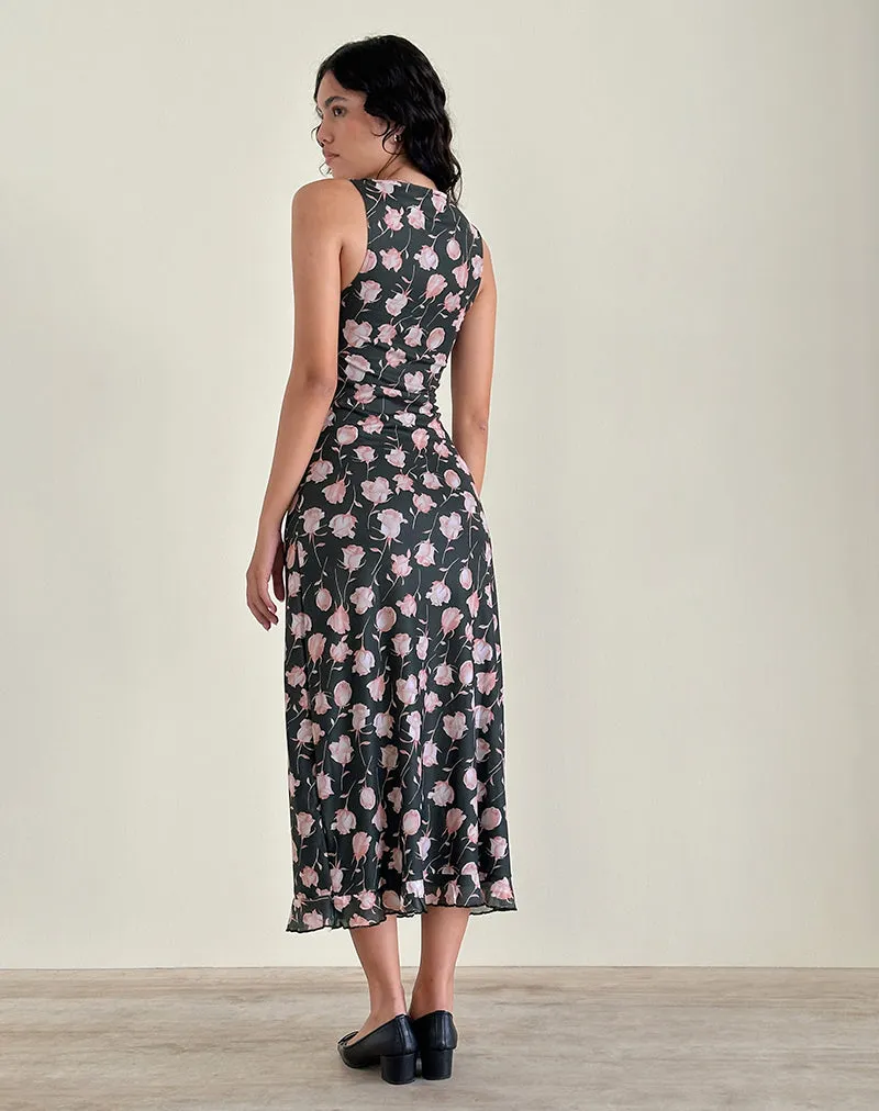 Gabriela Midi Dress in Falling Rose Jet Black