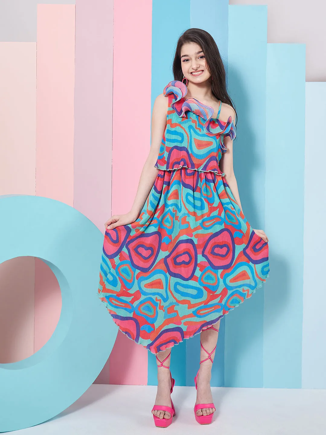 Girls Abstract Printed One Shoulder Georgette Fit Flare Midi Dress - PS Peaches