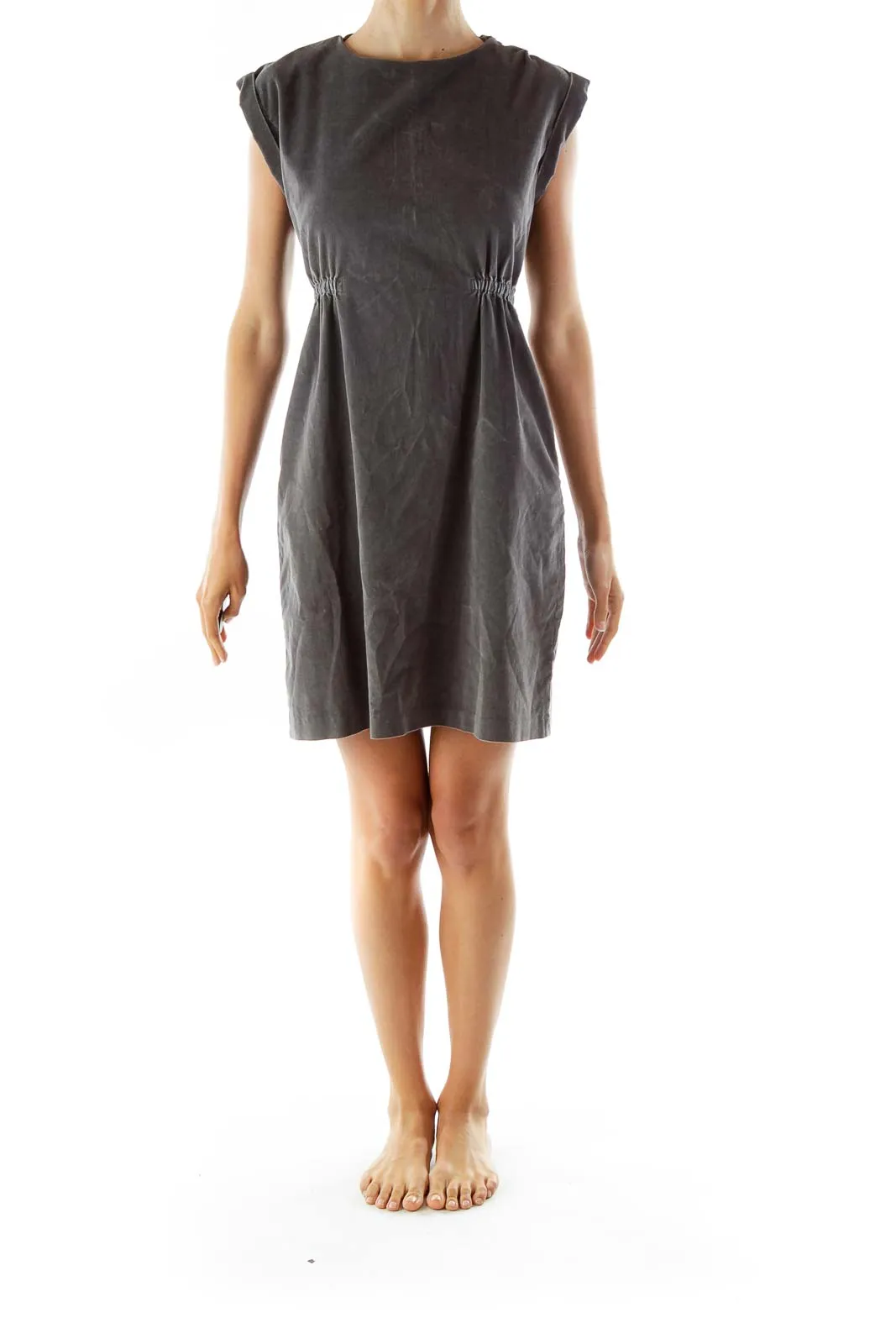 Gray Corduroy Scrunched A-Line Dress