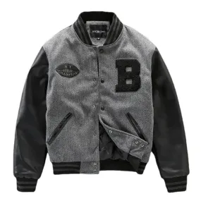 Grey Leather Sleeve Varsity Bomber Jacket