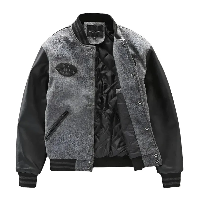 Grey Leather Sleeve Varsity Bomber Jacket