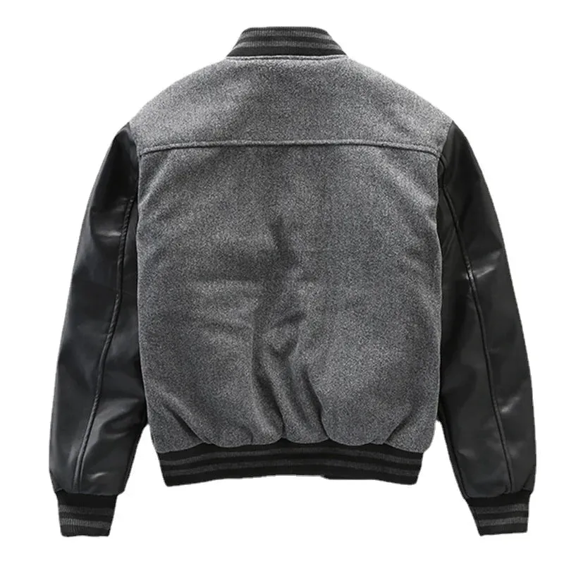 Grey Leather Sleeve Varsity Bomber Jacket