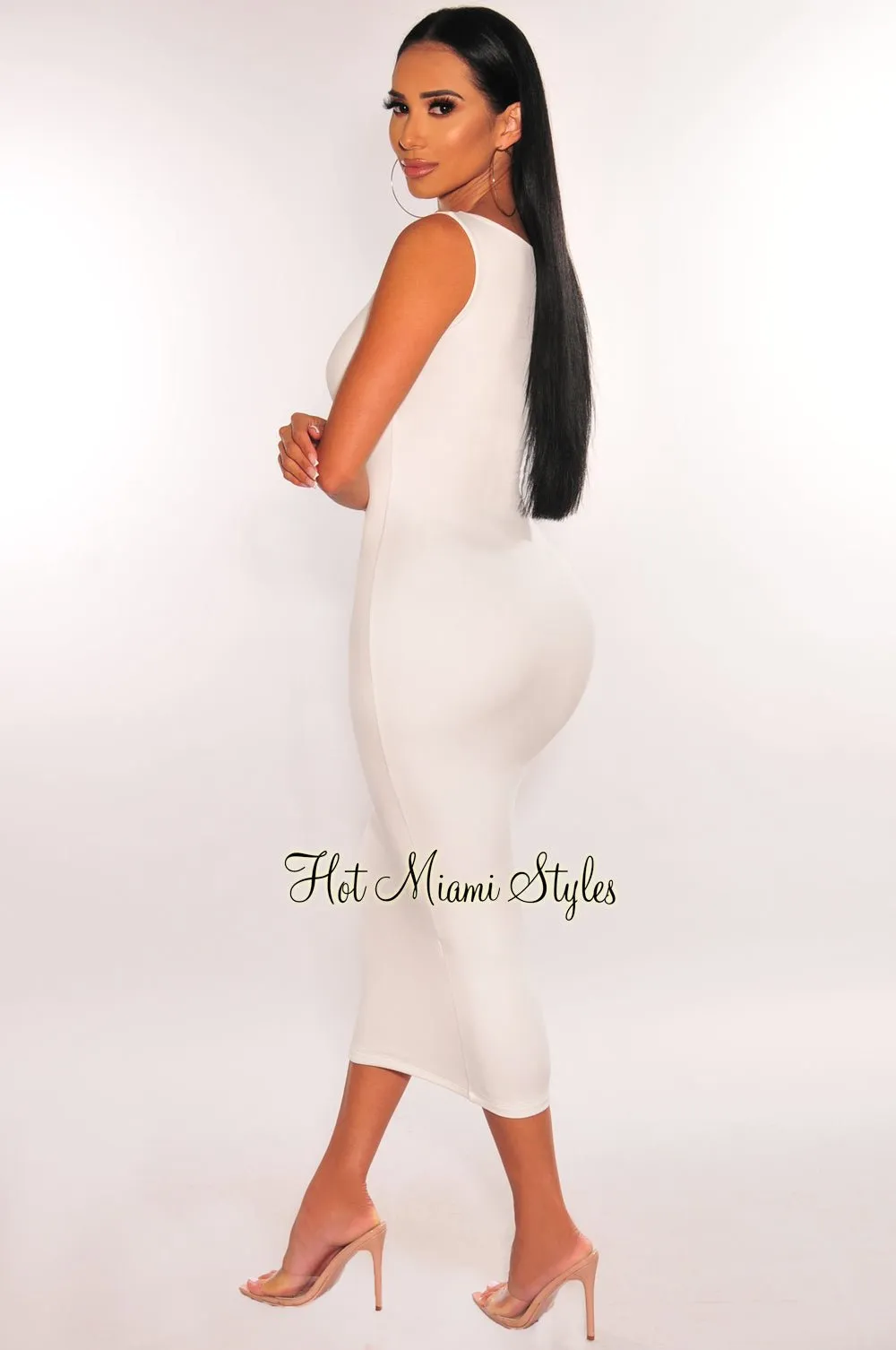 HMS Essential: White Sleeveless Round Neck Midi Dress