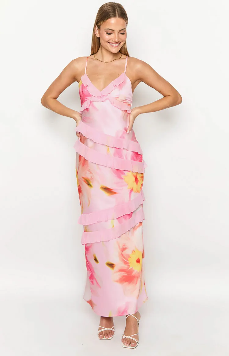 Inara Light Pink Floral Print Ruffle Maxi Dress