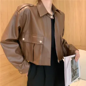 Joskaa Christmas Gift JMPRS Women Faux Leather Crop Jacket Autumn Fashion Motorcycle Biker PU Coat Loose Long Sleeve Black Chic Korean Female Clothes