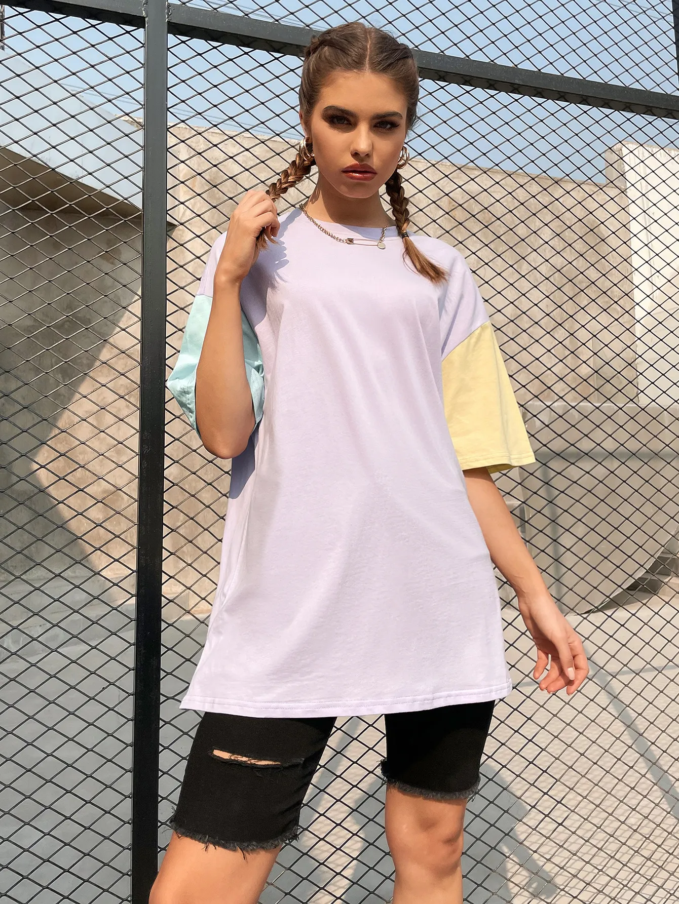 KittenAlarm - Color Block Drop Shoulder Longline Tee