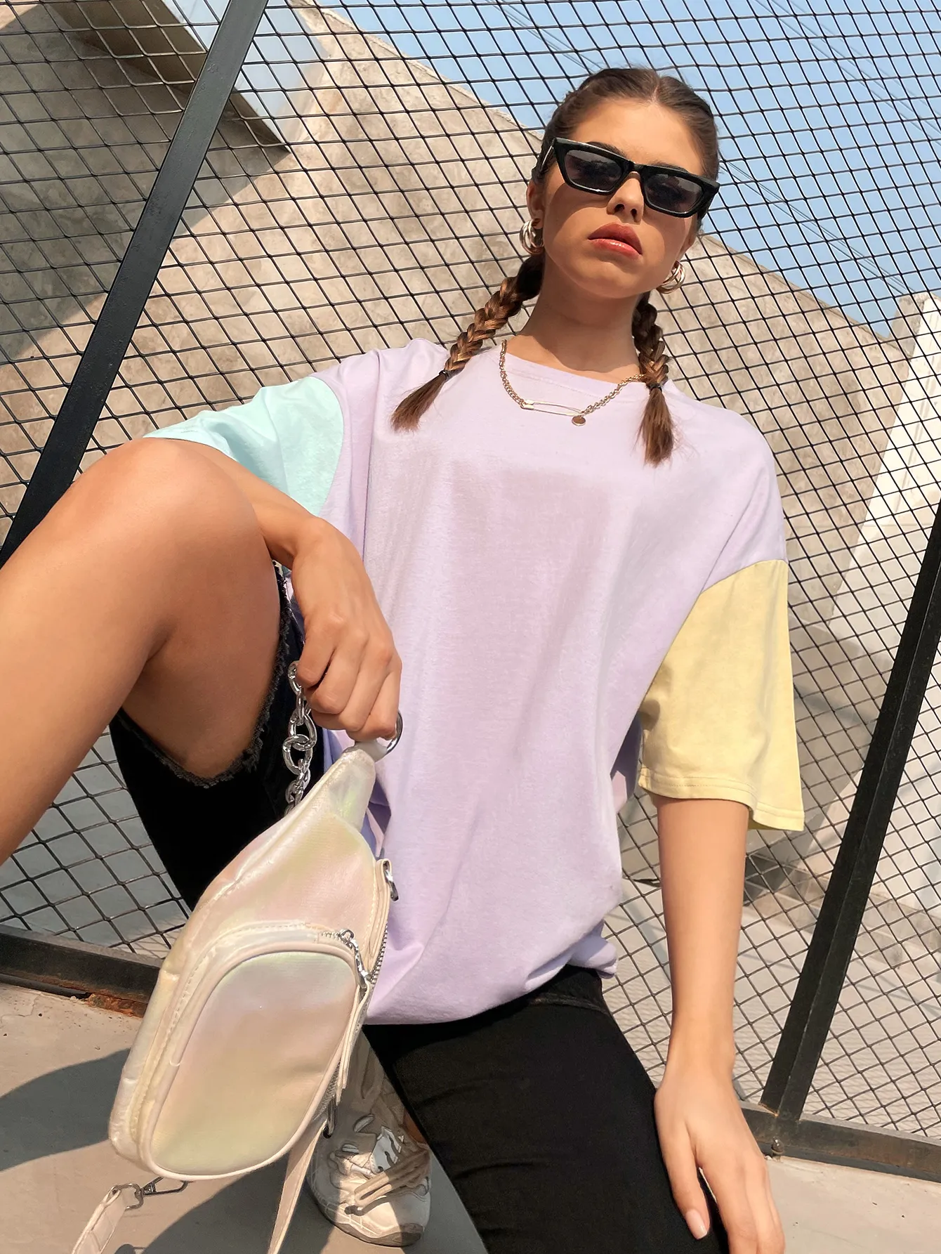 KittenAlarm - Color Block Drop Shoulder Longline Tee