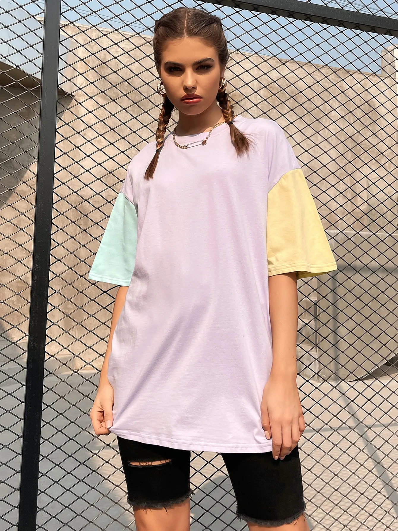 KittenAlarm - Color Block Drop Shoulder Longline Tee