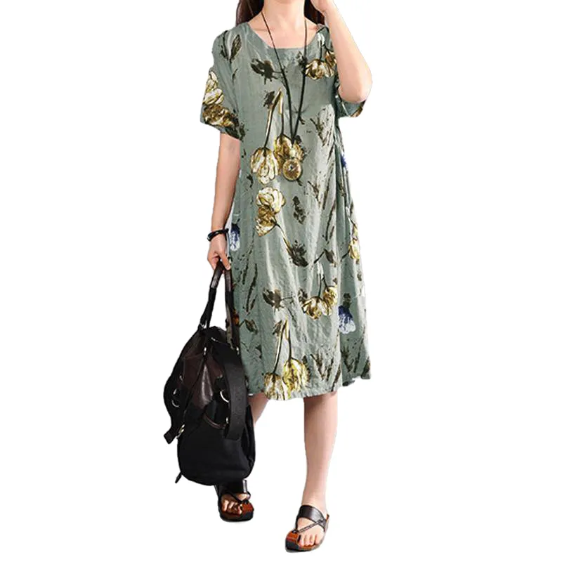 Ladies Short Sleeve Casual Floral Linen Midi Dresses