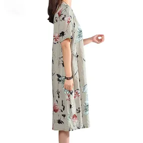 Ladies Short Sleeve Casual Floral Linen Midi Dresses