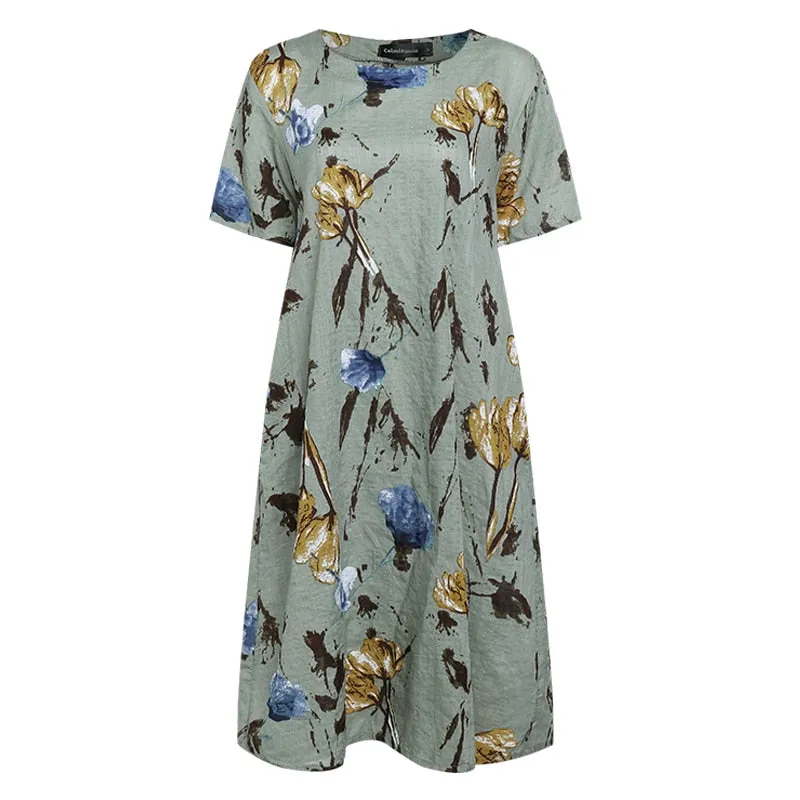 Ladies Short Sleeve Casual Floral Linen Midi Dresses