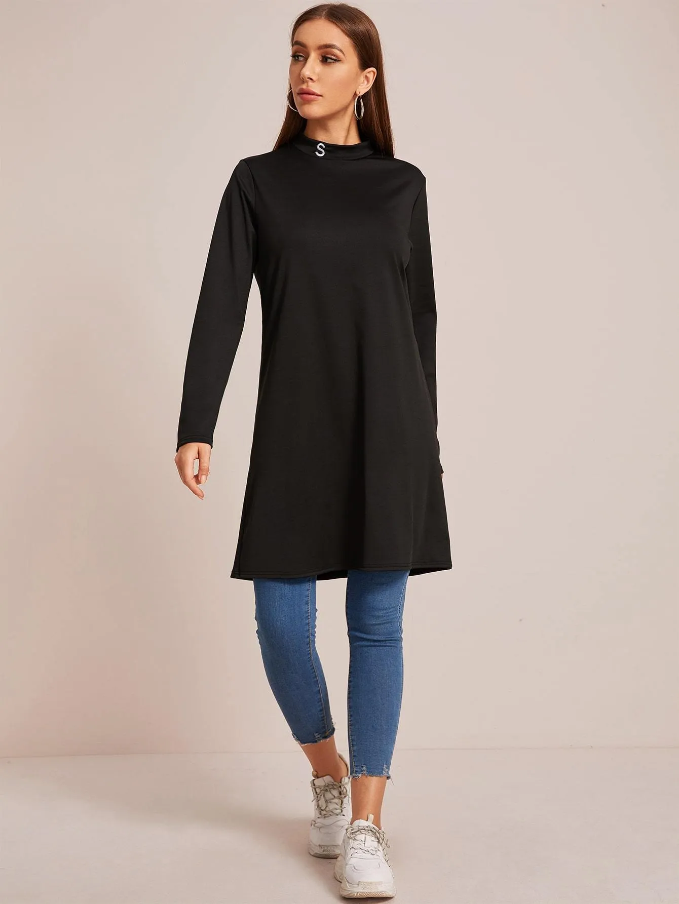 Letter Embroidered Mock Neck Longline Tee