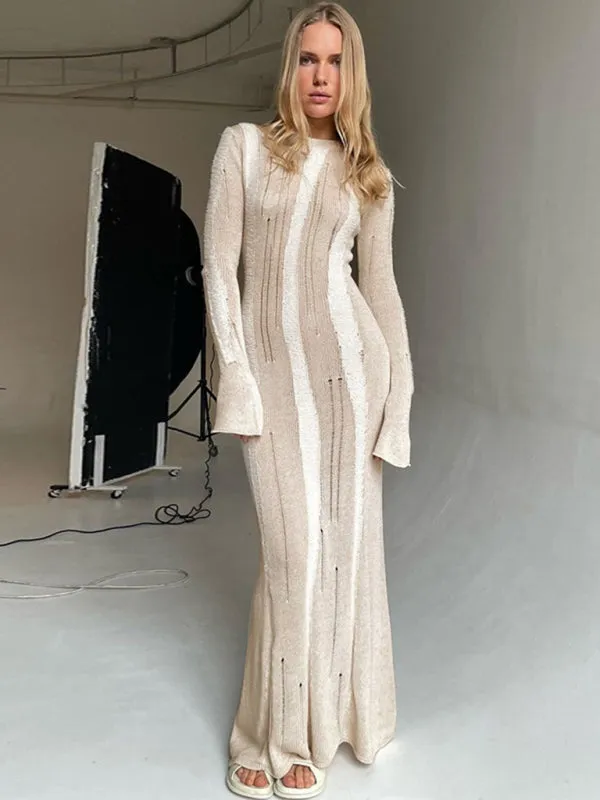 Long Sleeve Bodycon Distressed Wool Cashmere Sweater Maxi Dress