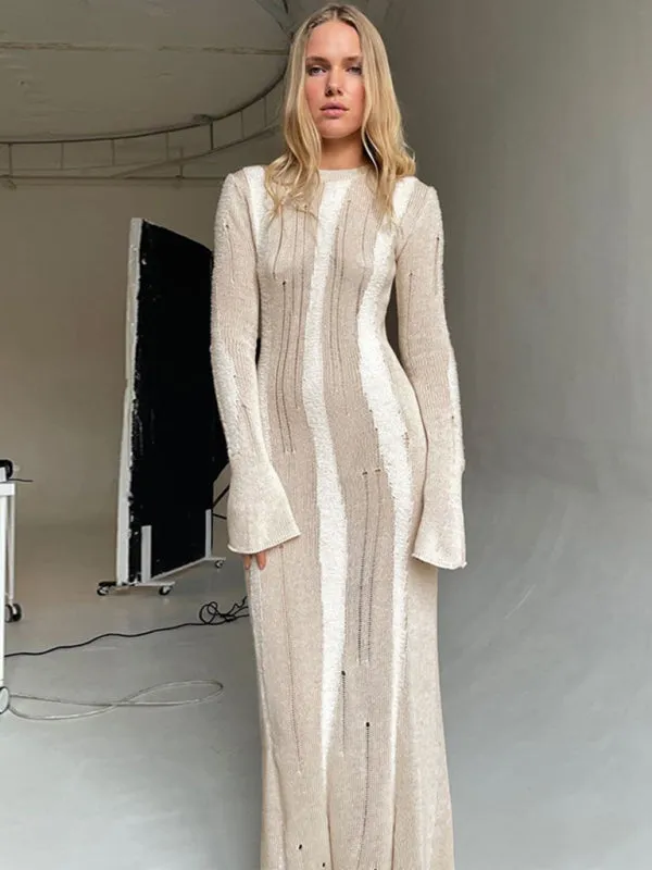 Long Sleeve Bodycon Distressed Wool Cashmere Sweater Maxi Dress