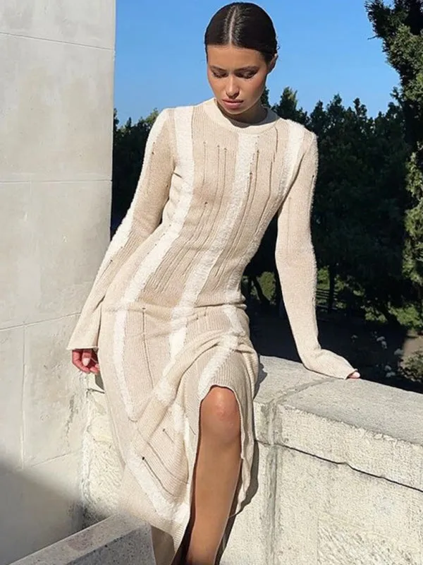 Long Sleeve Bodycon Distressed Wool Cashmere Sweater Maxi Dress