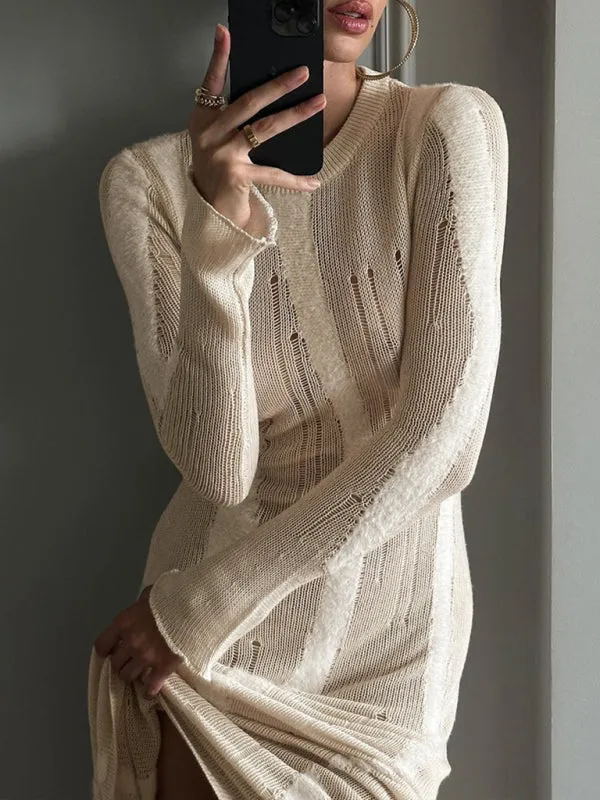 Long Sleeve Bodycon Distressed Wool Cashmere Sweater Maxi Dress