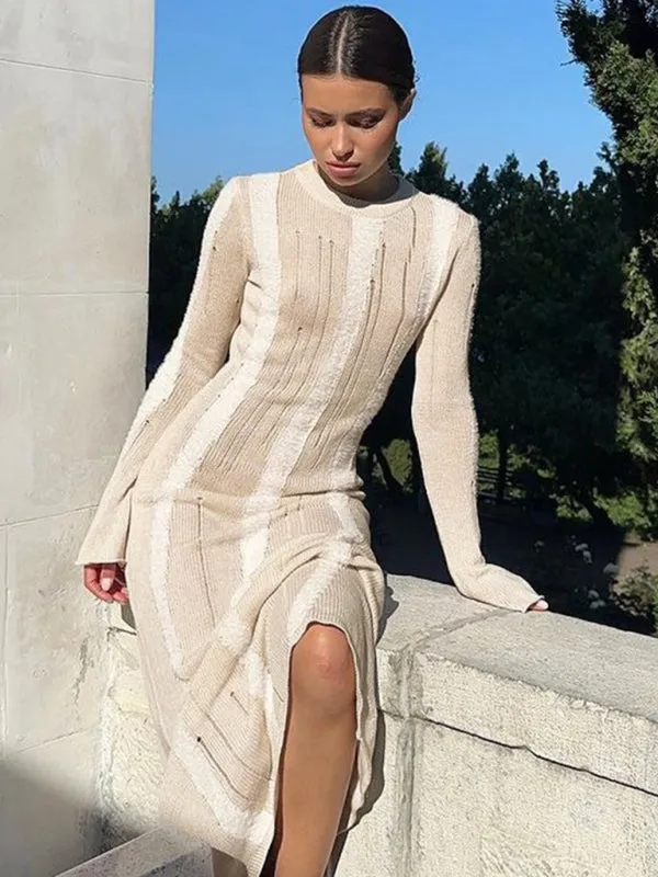 Long Sleeve Bodycon Distressed Wool Cashmere Sweater Maxi Dress