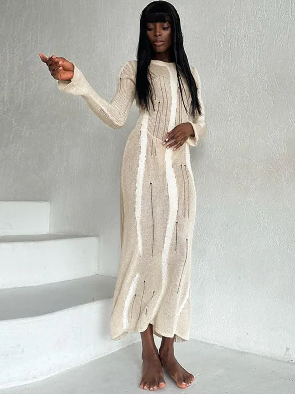 Long Sleeve Bodycon Distressed Wool Cashmere Sweater Maxi Dress