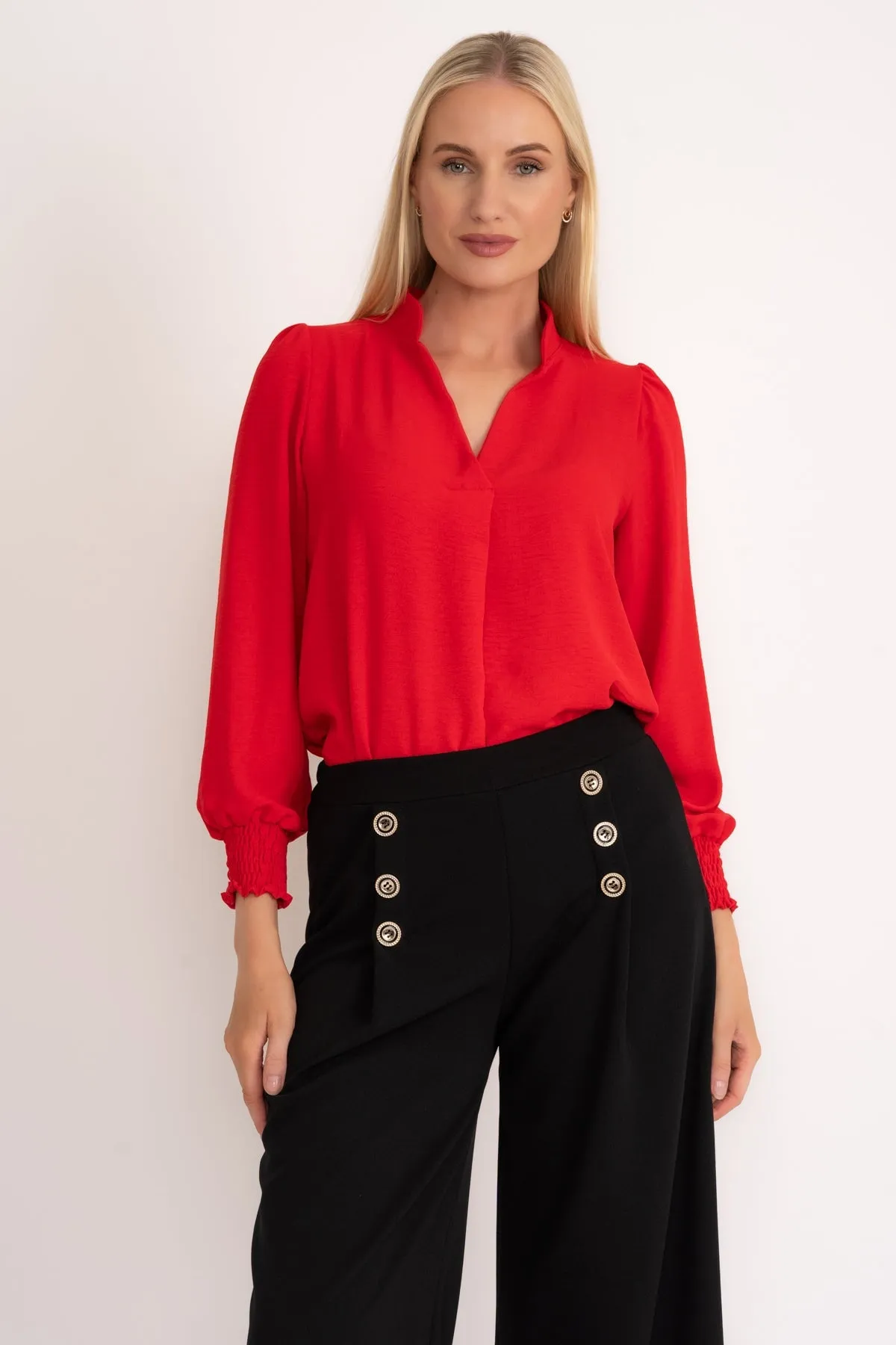 Long Sleeve Collarless Top in Red