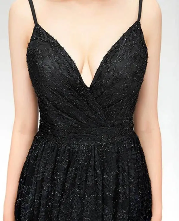 Luxury Black Sequins A-line Spaghetti Straps Long Prom Dresses With Split, SP594