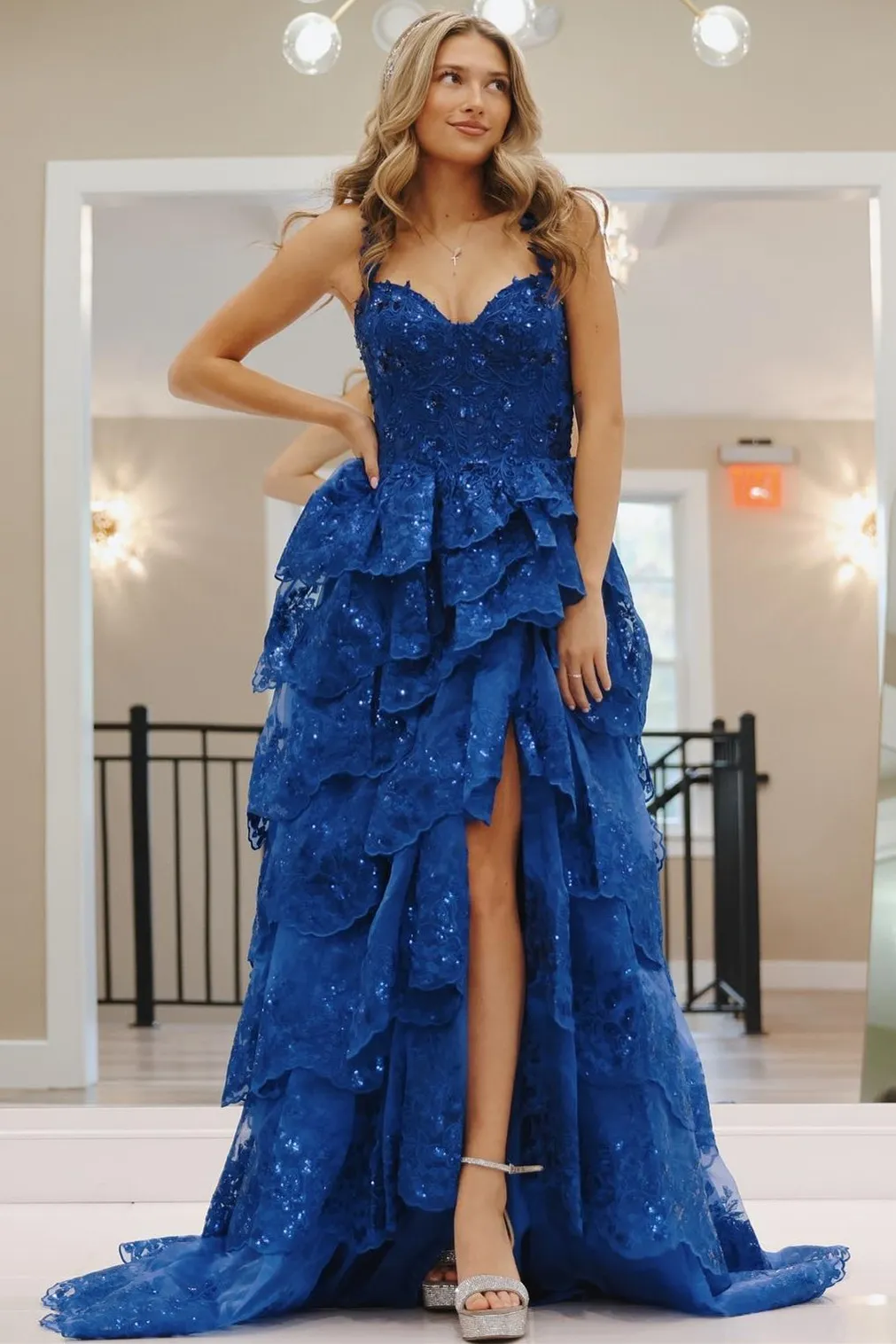 Maisy| Blue Tulle Sequin Sweetheart Ruffle Tiered Long Gown