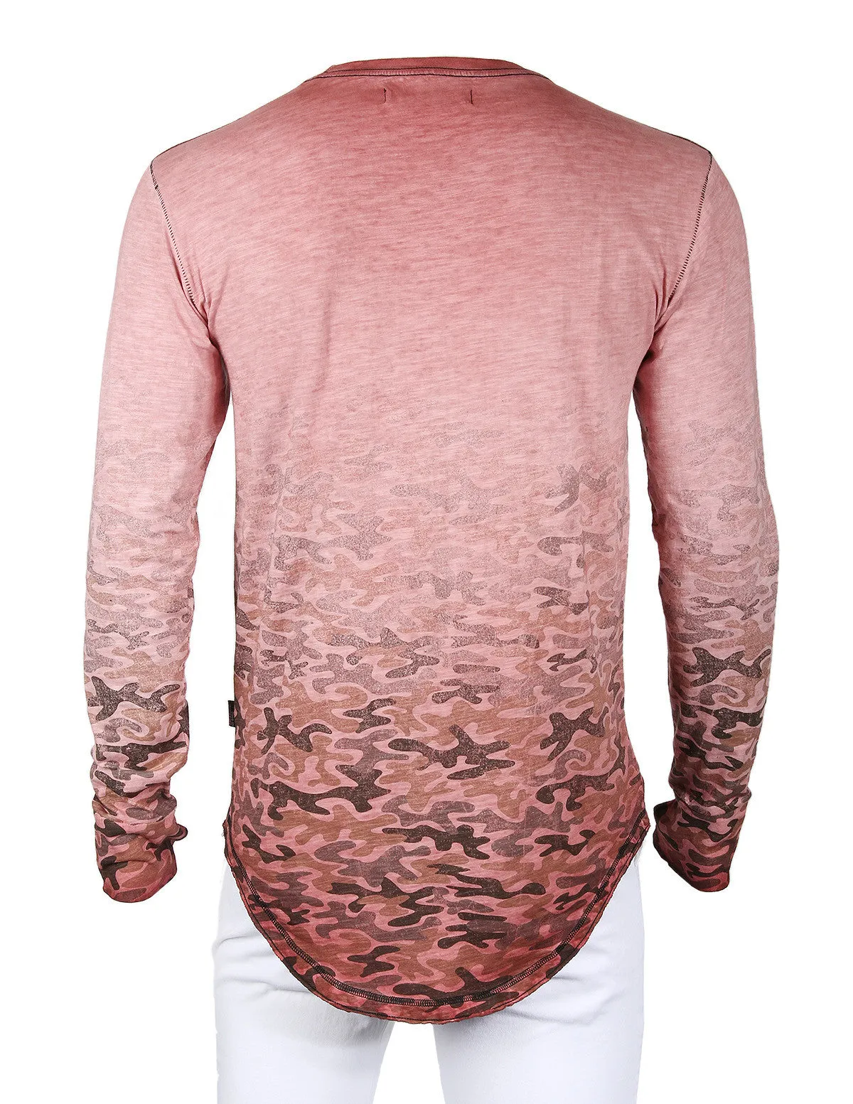 Men's Long Sleeve Camouflage Longline Round Bottom Oil Wash T-shirts