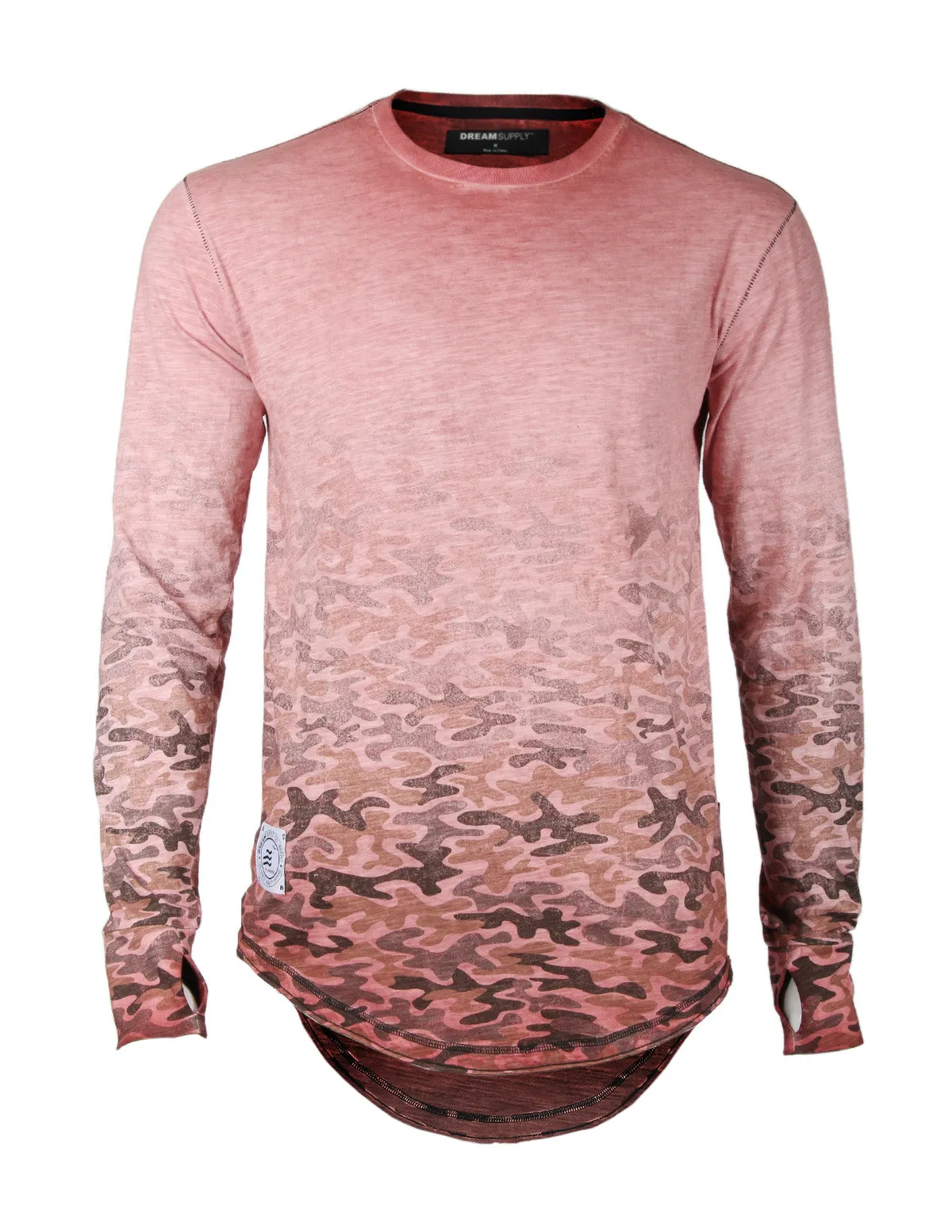 Men's Long Sleeve Camouflage Longline Round Bottom Oil Wash T-shirts