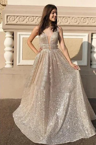 Modest Sparkly A Line Champagne V Neck Long Prom Dresses, Evening Dresses SWK15269