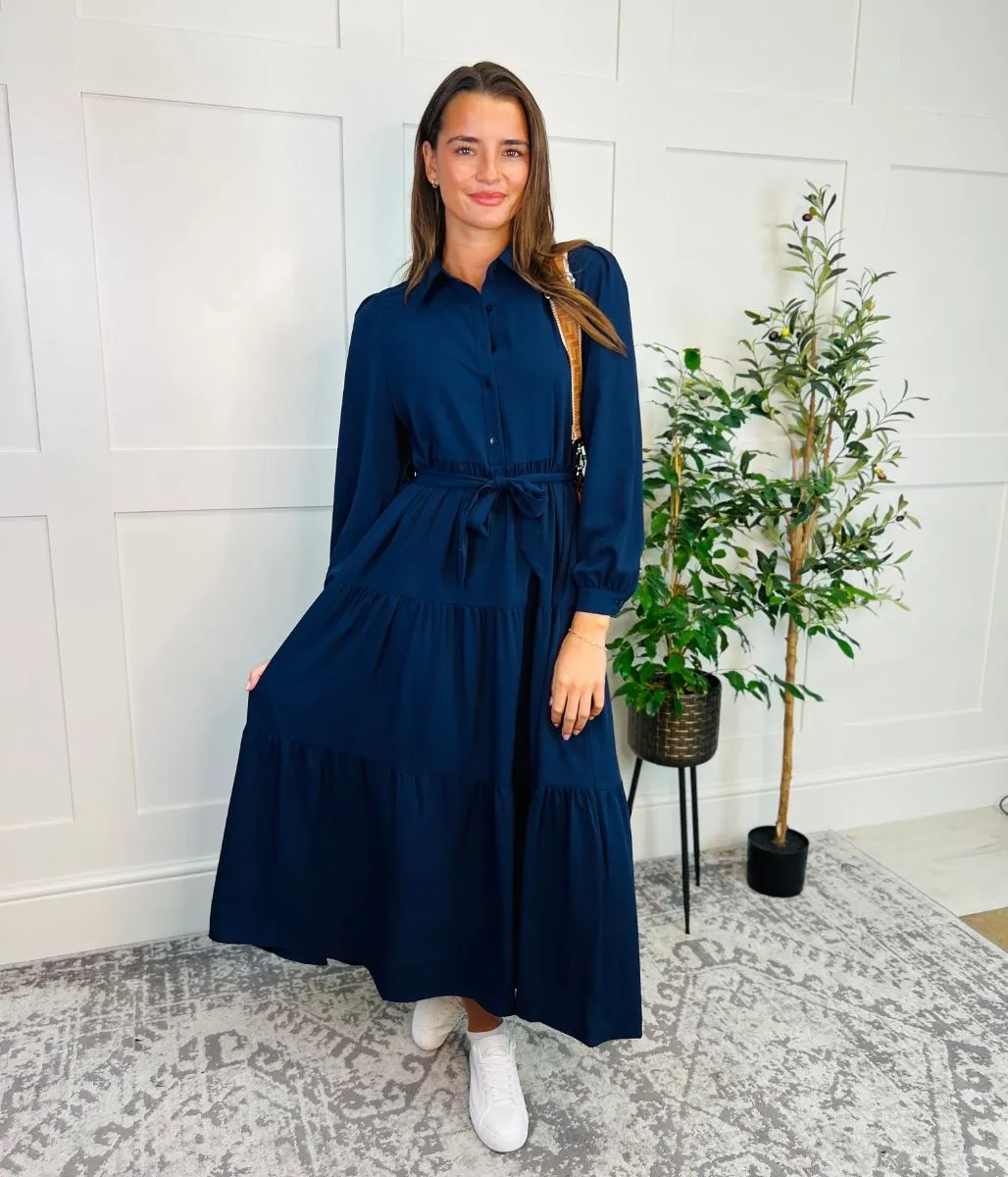 Navy Blue Tiered Belted Shirt Dress