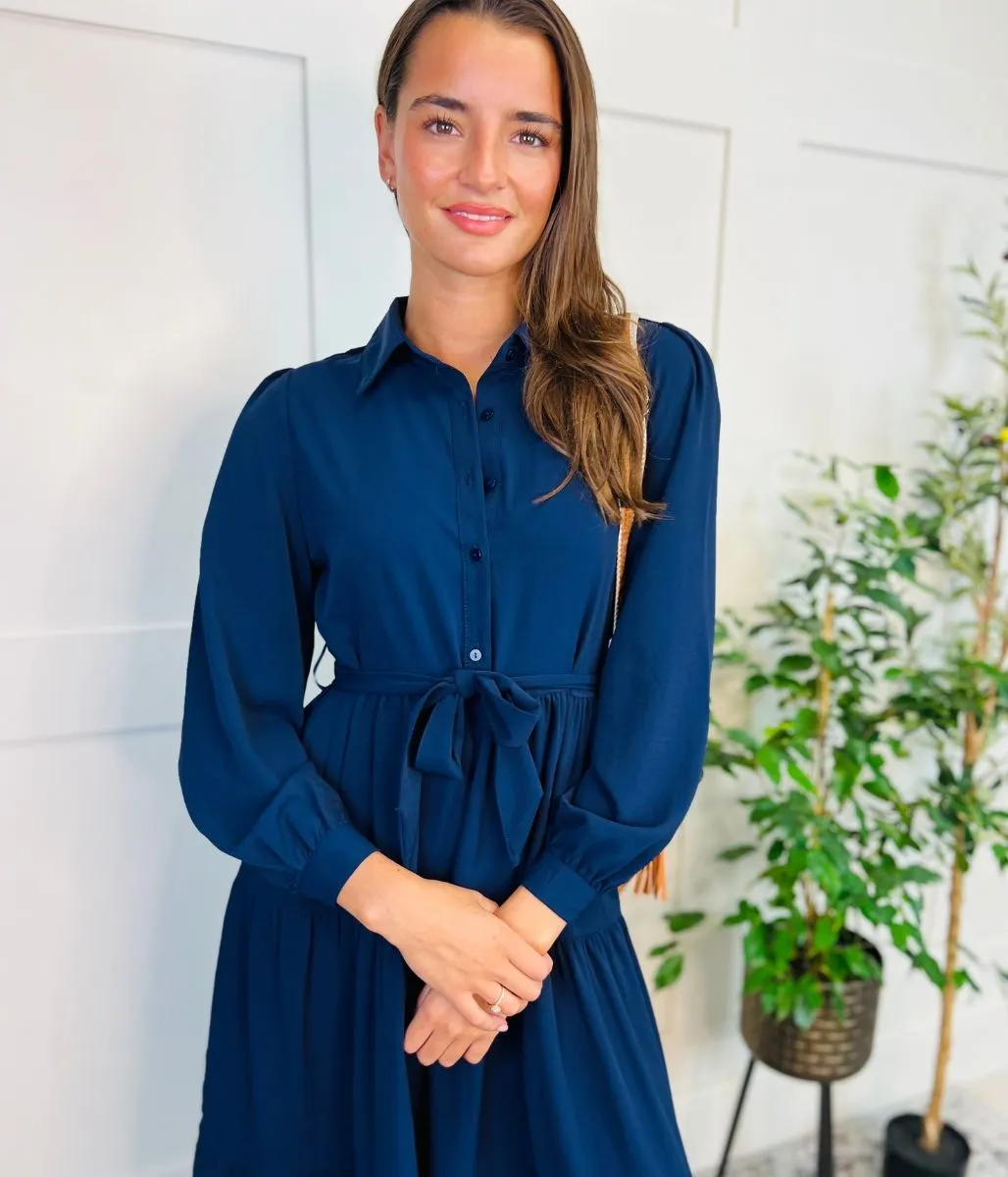 Navy Blue Tiered Belted Shirt Dress