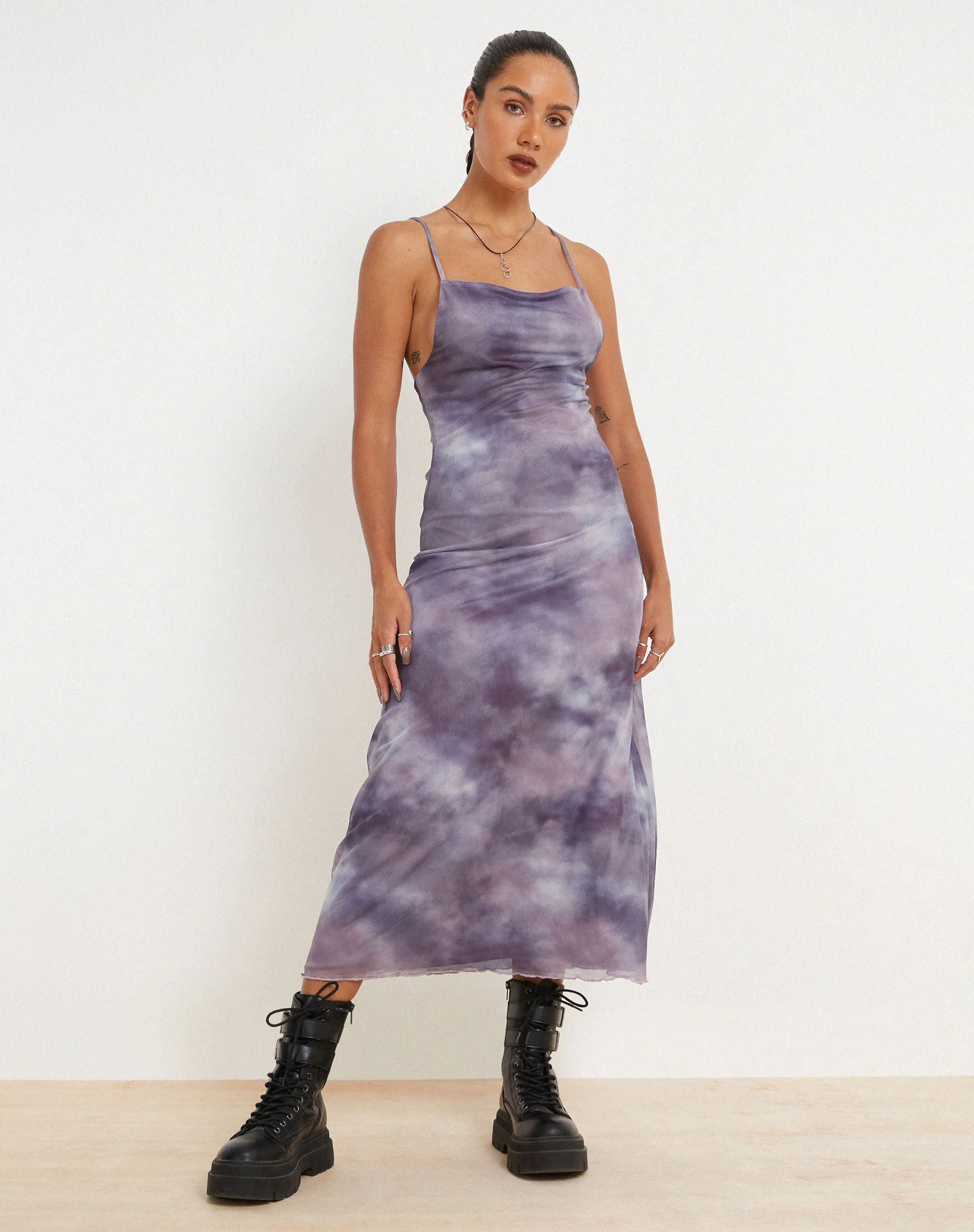 Norishi Printed Mesh Midi Dress in Smokey Gradients Purple