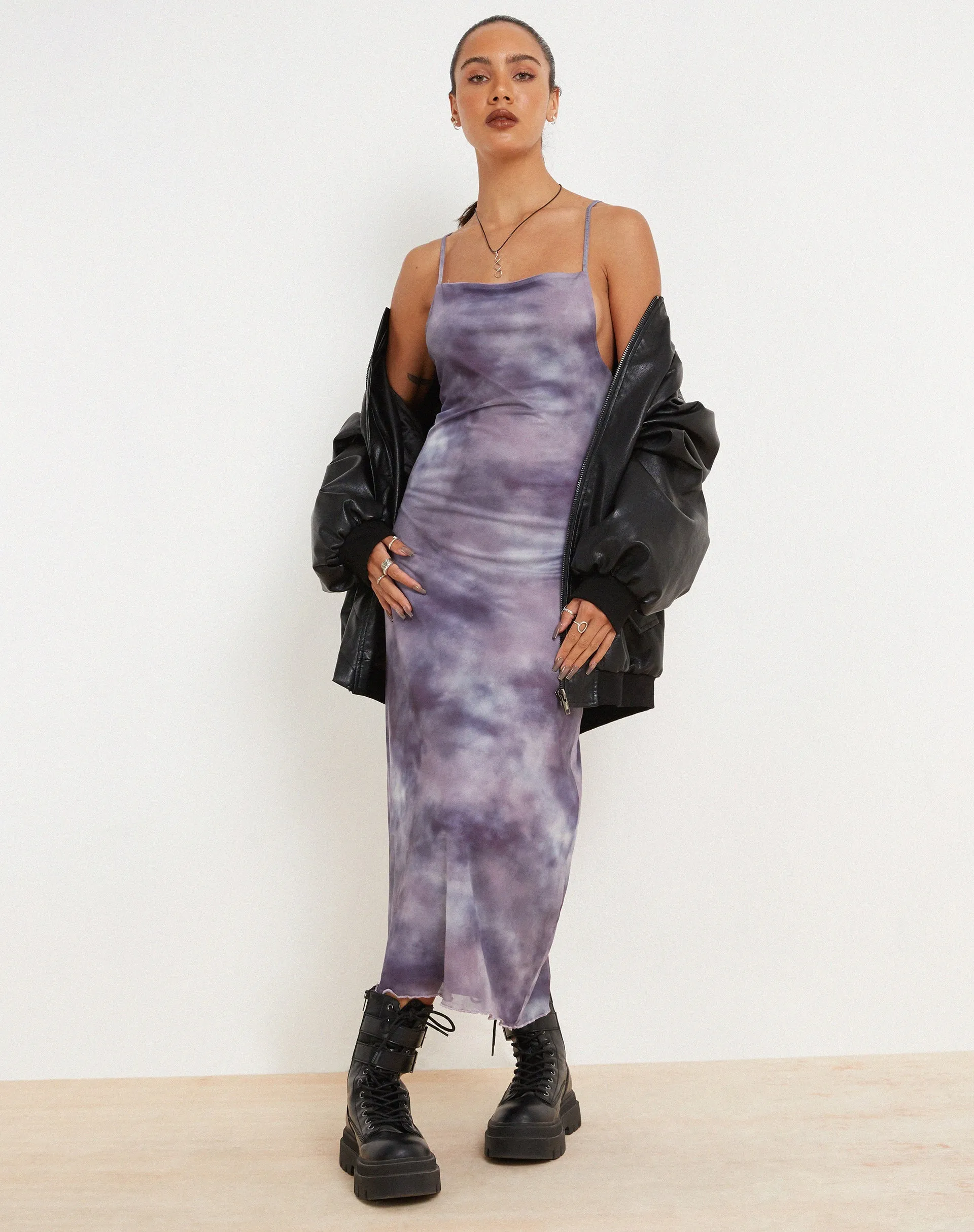 Norishi Printed Mesh Midi Dress in Smokey Gradients Purple