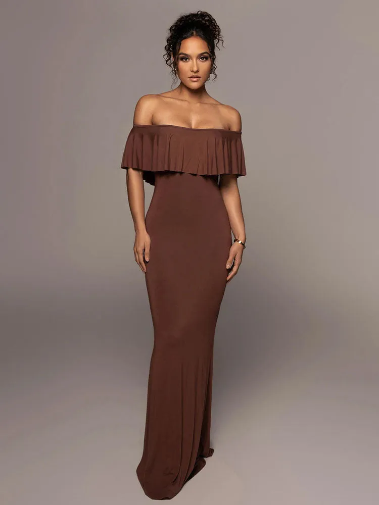 Off Shoulder Solid Ruffle Maxi Dresses