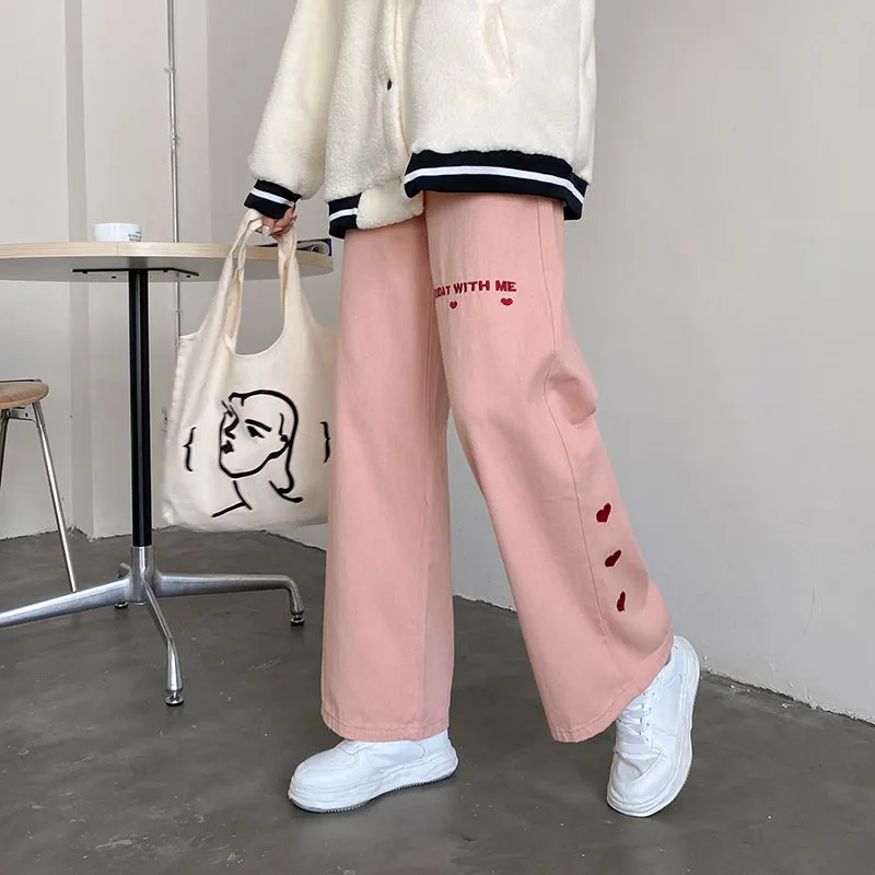 Pink Heart High Waist Loose Relaxed Jeans Pants