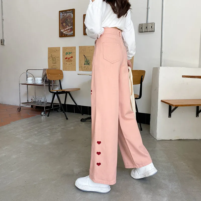 Pink Heart High Waist Loose Relaxed Jeans Pants