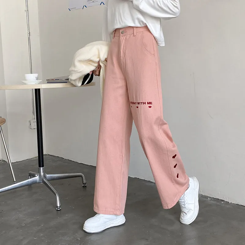 Pink Heart High Waist Loose Relaxed Jeans Pants