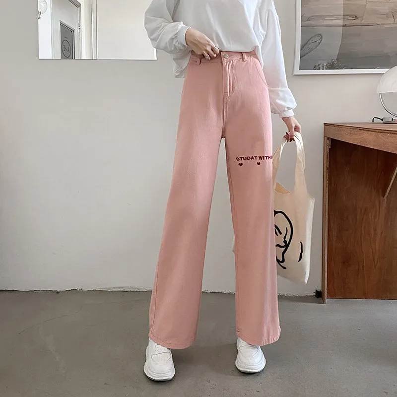 Pink Heart High Waist Loose Relaxed Jeans Pants